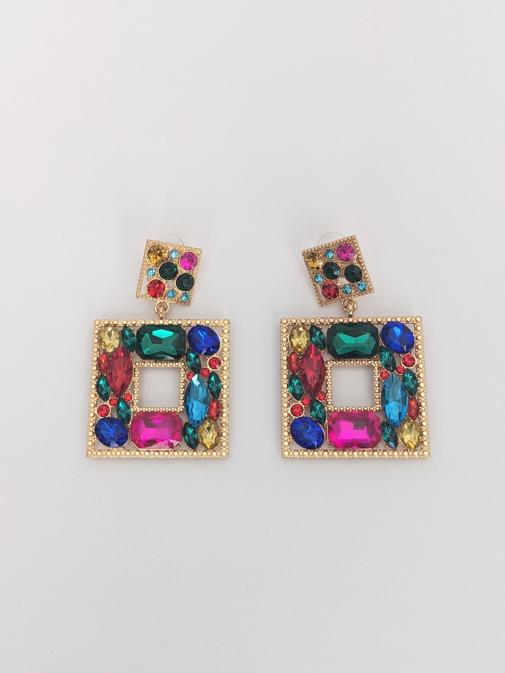 Multicolor Square Crystal Drop Earrings